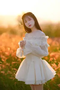 Golden Hour Dream: Ethereal Beauty in White Amidst a Blooming Field - image 7