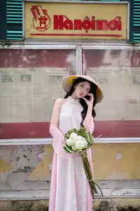 VGU No171: Vietnamese Beauty Graces a Flower Garden in Elegant Pink Ao Dai and Conical Hat - image 7