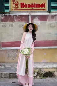 VGU No171: Vietnamese Beauty Graces a Flower Garden in Elegant Pink Ao Dai and Conical Hat - image 5
