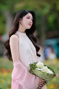VGU No171: Vietnamese Beauty Graces a Flower Garden in Elegant Pink Ao Dai and Conical Hat - image 1