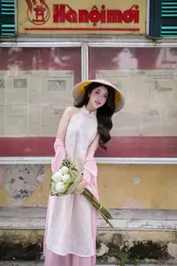 VGU No171: Vietnamese Beauty Graces a Flower Garden in Elegant Pink Ao Dai and Conical Hat - image 12