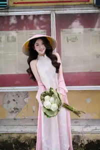 VGU No171: Vietnamese Beauty Graces a Flower Garden in Elegant Pink Ao Dai and Conical Hat - image 13