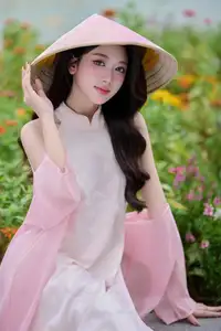 VGU No171: Vietnamese Beauty Graces a Flower Garden in Elegant Pink Ao Dai and Conical Hat - image 3