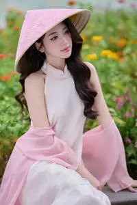 VGU No171: Vietnamese Beauty Graces a Flower Garden in Elegant Pink Ao Dai and Conical Hat - image 9