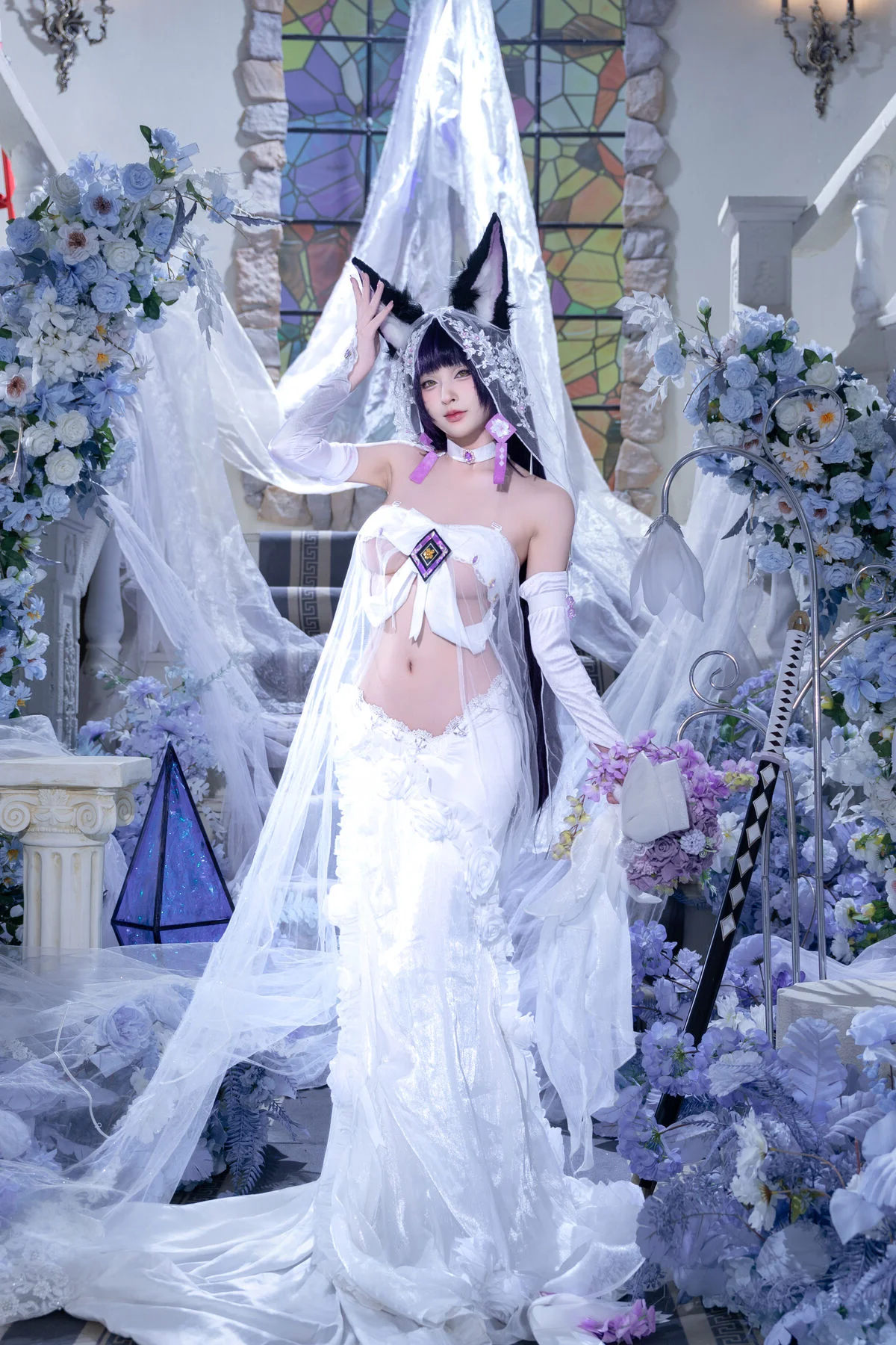 Stunning Azur Lane Musashi Cosplay by Qing Shui You Nai: Elegant Violet Floweryness Kimono Aesthetic and Wisteria Garden Photography