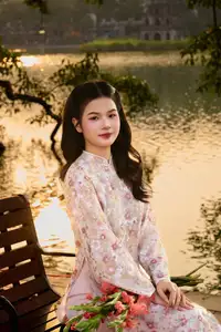 Vietnamese Ao Dai Beauty by the Lake at Sunset: Graceful Girl with Vibrant Gladiolus Flowers. - image 0