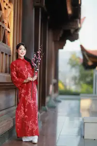 Elegant Red Ao Dai: Vietnamese Beauty with Cherry Blossoms in Ancient Architecture - image 1