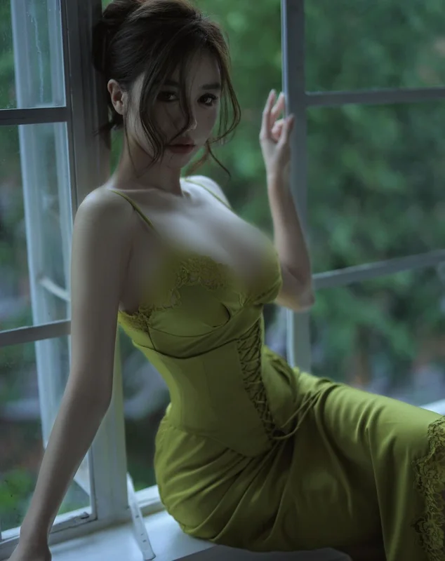 Elegant Nightwear Fashion: Influencer with 1.5 Million Fans Poses by the Window