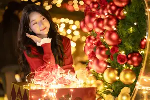 Radiant Smile Girl in Red Amidst Twinkling Lights: Warm Beauty for Festive Season - image 4