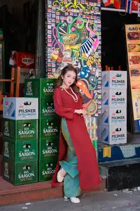 Elegant Vietnamese Beauty: A Girl in Red Ao Dai with Lilies Captivates Urban Charm - image 6