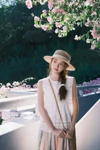 VGU No.174: Youthful Charm of a Girl in a Straw Hat Amidst Blooming Pink Flowers Under Summer Sun - image 5