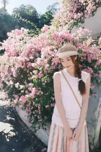 VGU No.174: Youthful Charm of a Girl in a Straw Hat Amidst Blooming Pink Flowers Under Summer Sun - image 3
