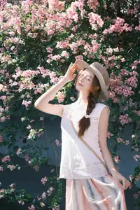 VGU No.174: Youthful Charm of a Girl in a Straw Hat Amidst Blooming Pink Flowers Under Summer Sun - image 0