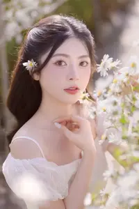 Serene Beauty: Young Woman in White Flower Field, Embracing Tranquility Under Gentle Sunlight - image 3