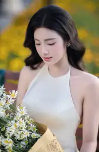 Elegant Muse in Silk Dress Amidst Blooming Garden: Captivating Asian Beauty 1000025196 - image 0
