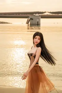 Golden Hour Serenity: Young Woman's Graceful Beach Walk - image 0