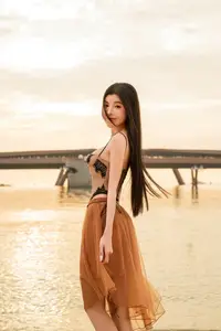 Golden Hour Serenity: Young Woman's Graceful Beach Walk - image 7
