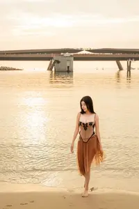 Golden Hour Serenity: Young Woman's Graceful Beach Walk - image 2