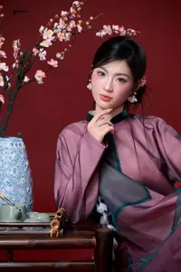 East Asian Grace: Elegant Lady in Traditional Attire & Cherry Blossoms - image 3