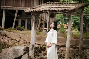 Timeless Elegance: Vietnamese Woman in Traditional Ao Dai Amidst Serene Backdrop - image 4