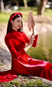 Discover the enchanting beauty of a Vietnamese woman in a traditional Red Ao Dai by the tranquil water. - image 5