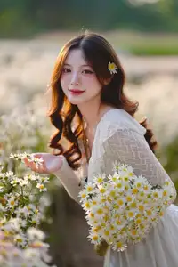 Gentle Muse in White Daisy Field: Youthful Beauty Captivating Hearts Under Golden Hour Sun - image 5