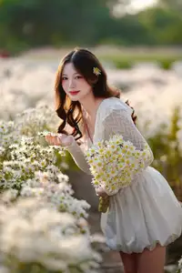 Gentle Muse in White Daisy Field: Youthful Beauty Captivating Hearts Under Golden Hour Sun - image 1