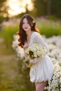 Gentle Muse in White Daisy Field: Youthful Beauty Captivating Hearts Under Golden Hour Sun - image 6