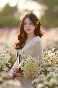 Gentle Muse in White Daisy Field: Youthful Beauty Captivating Hearts Under Golden Hour Sun - image 7