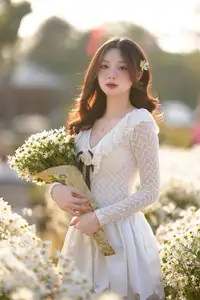 Gentle Muse in White Daisy Field: Youthful Beauty Captivating Hearts Under Golden Hour Sun - image 13