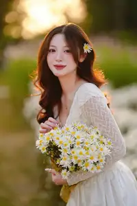 Gentle Muse in White Daisy Field: Youthful Beauty Captivating Hearts Under Golden Hour Sun - image 16