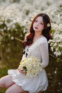 Gentle Muse in White Daisy Field: Youthful Beauty Captivating Hearts Under Golden Hour Sun - image 3