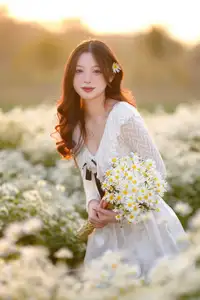 Gentle Muse in White Daisy Field: Youthful Beauty Captivating Hearts Under Golden Hour Sun - image 17