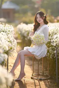 Gentle Muse in White Daisy Field: Youthful Beauty Captivating Hearts Under Golden Hour Sun - image 12