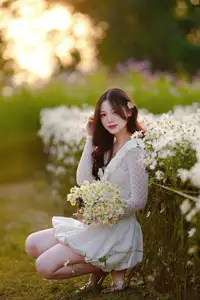 Gentle Muse in White Daisy Field: Youthful Beauty Captivating Hearts Under Golden Hour Sun - image 10