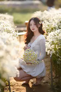 Gentle Muse in White Daisy Field: Youthful Beauty Captivating Hearts Under Golden Hour Sun - image 8