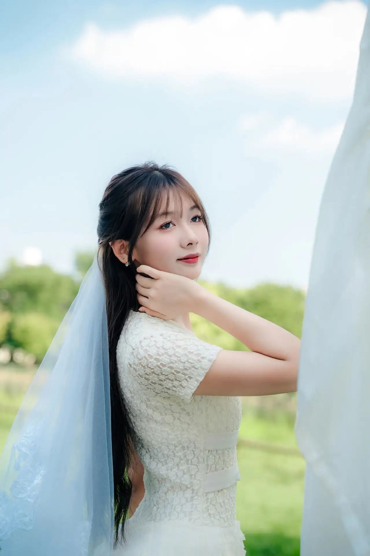 VGU No.180: The Pure Elegance of a Girl in a White Dress with Gentle Lilies