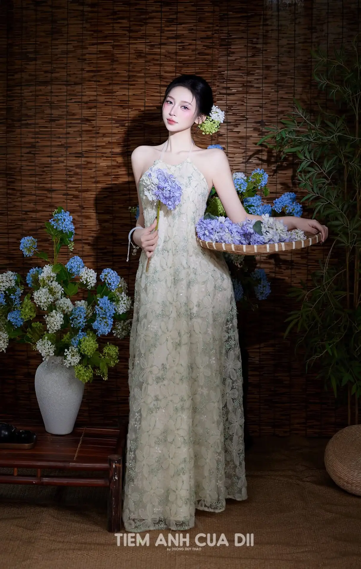 Ethereal Vietnamese Beauty: Graceful Asian Girl in Modern Yếm with Delicate Blooms.