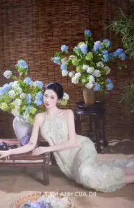 Ethereal Vietnamese Beauty: Graceful Asian Girl in Modern Yếm with Delicate Blooms. - image 10