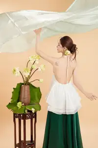 Elegant Vietnamese Muse with Gentle Lotus Flowers, Wearing Modernized Yếm Top 1000025258 - image 8