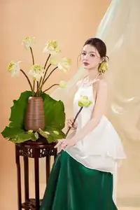 Elegant Vietnamese Muse with Gentle Lotus Flowers, Wearing Modernized Yếm Top 1000025258 - image 3