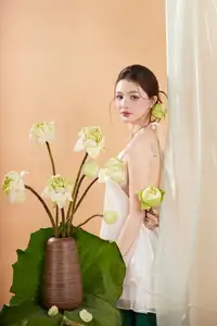 Elegant Vietnamese Muse with Gentle Lotus Flowers, Wearing Modernized Yếm Top 1000025258 - image 7