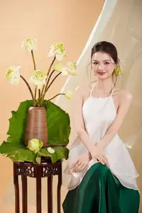 Elegant Vietnamese Muse with Gentle Lotus Flowers, Wearing Modernized Yếm Top 1000025258 - image 10