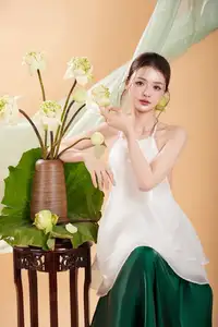 Elegant Vietnamese Muse with Gentle Lotus Flowers, Wearing Modernized Yếm Top 1000025258 - image 1