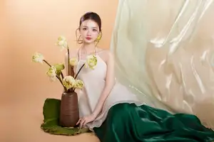 Elegant Vietnamese Muse with Gentle Lotus Flowers, Wearing Modernized Yếm Top 1000025258 - image 2