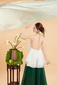 Elegant Vietnamese Muse with Gentle Lotus Flowers, Wearing Modernized Yếm Top 1000025258 - image 6