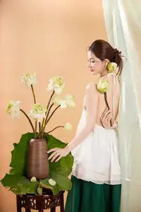 Elegant Vietnamese Muse with Gentle Lotus Flowers, Wearing Modernized Yếm Top 1000025258 - image 4