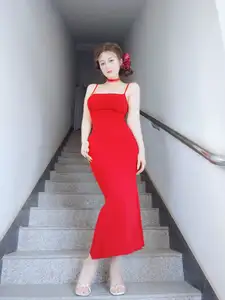 Stunning Coser Baiyin in a Red Dress: Elegant Allure on the Staircase [Fantia] - image 2